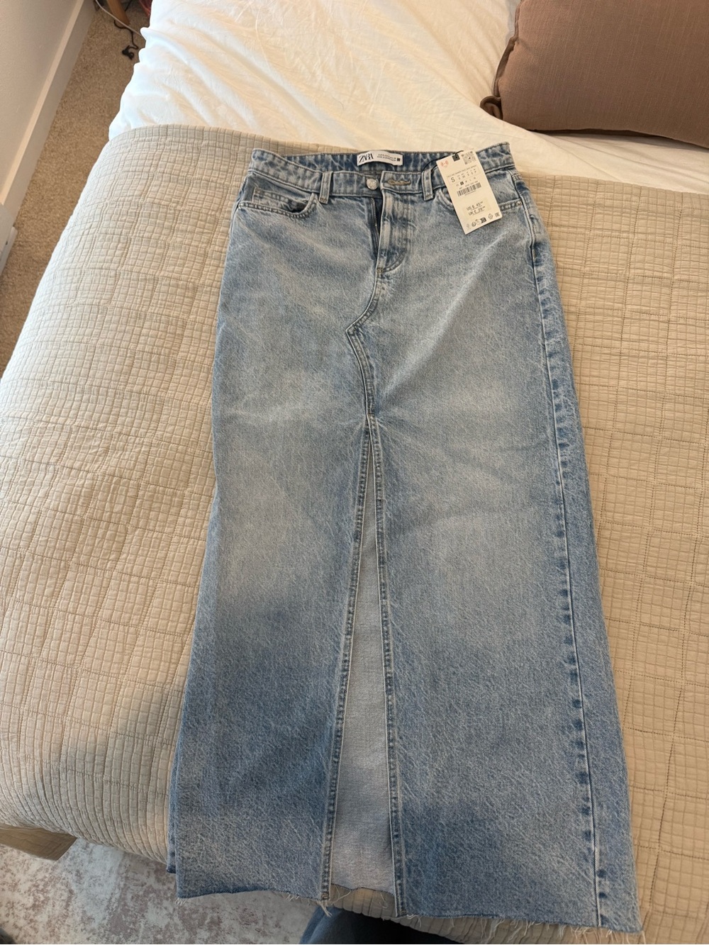 Zara Light Blue Denim Midi Skirt with Center Front Slit